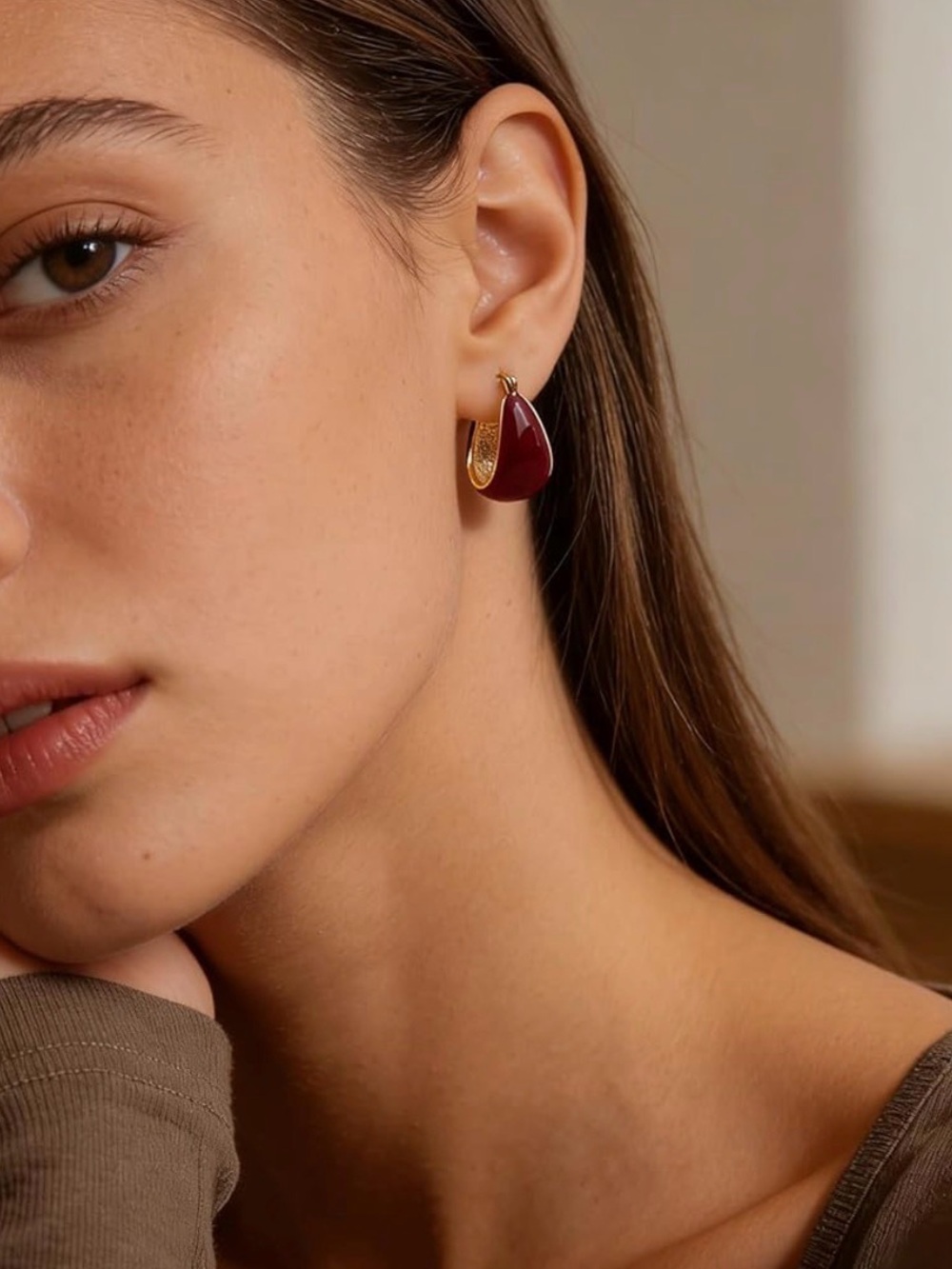 Gold-Tone Brown Hoop Huggie Earrings